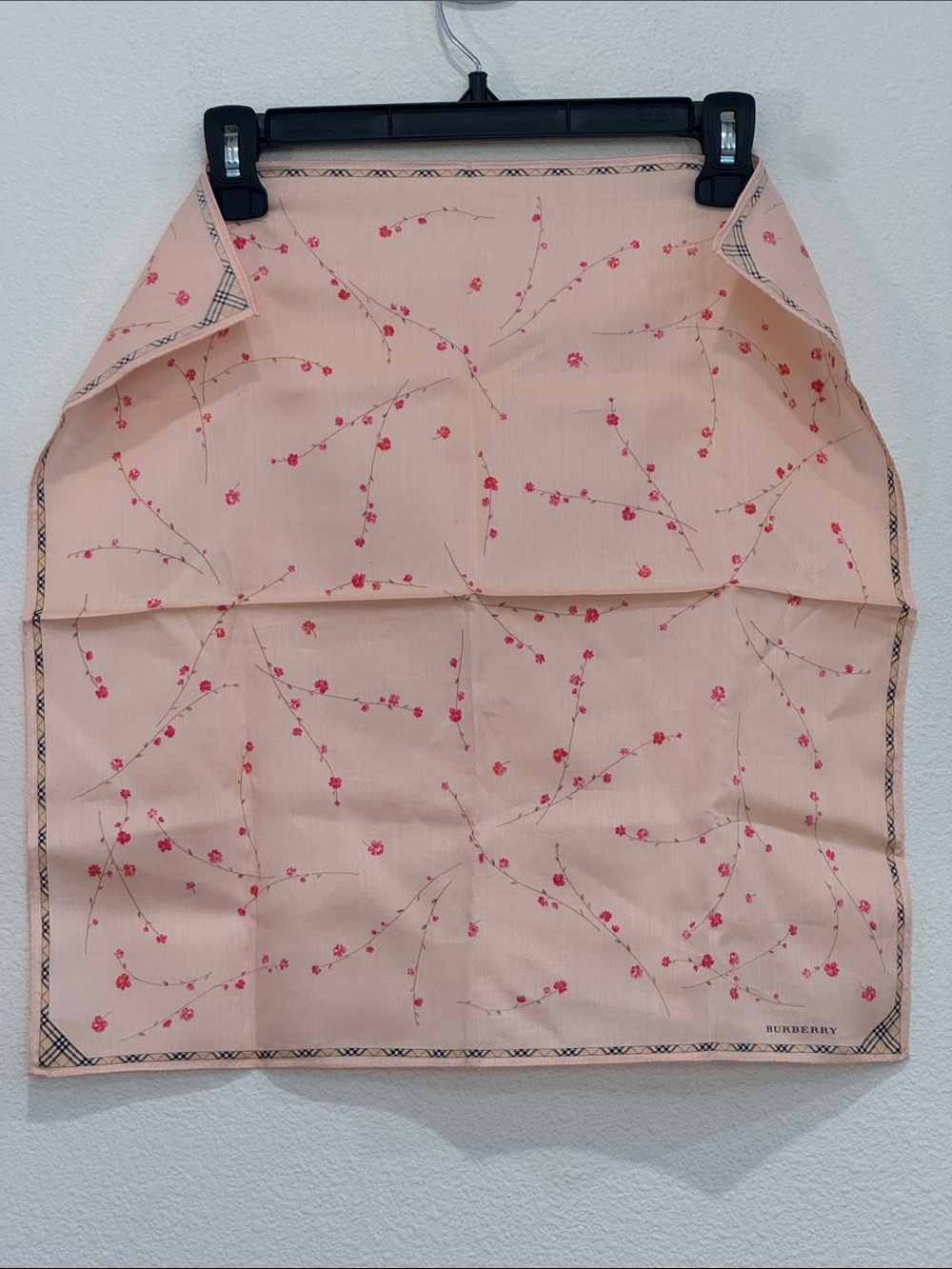 Burberry Blush Pink Scarf with Red Floral Motif 19x19”